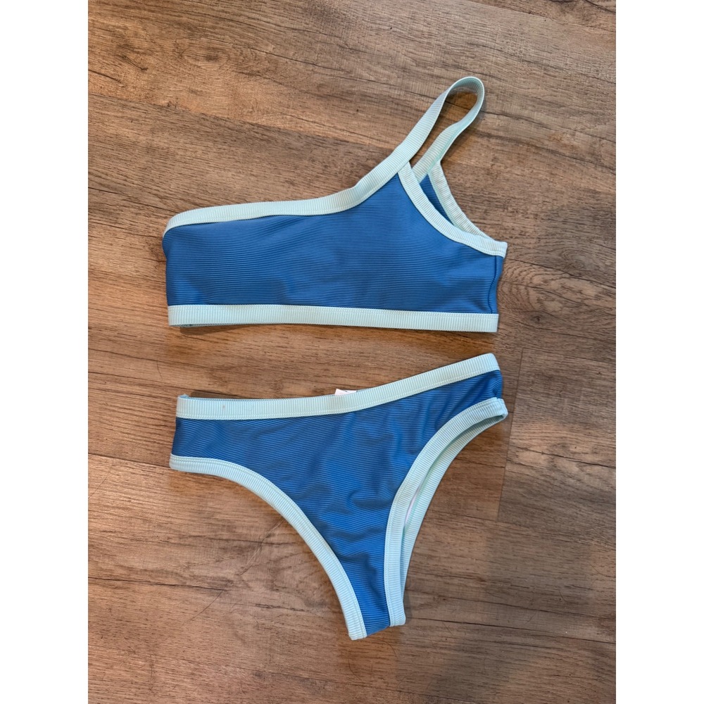 Blue Ribbed One Shoulder Bikini Set Mint Green Trim Size Medium